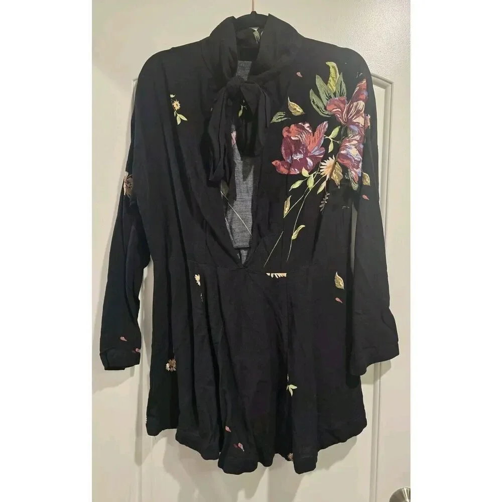 Free People Gemma Black Embroidered Floral Tie Open Back Tunic/Mini Dress Sz S‎